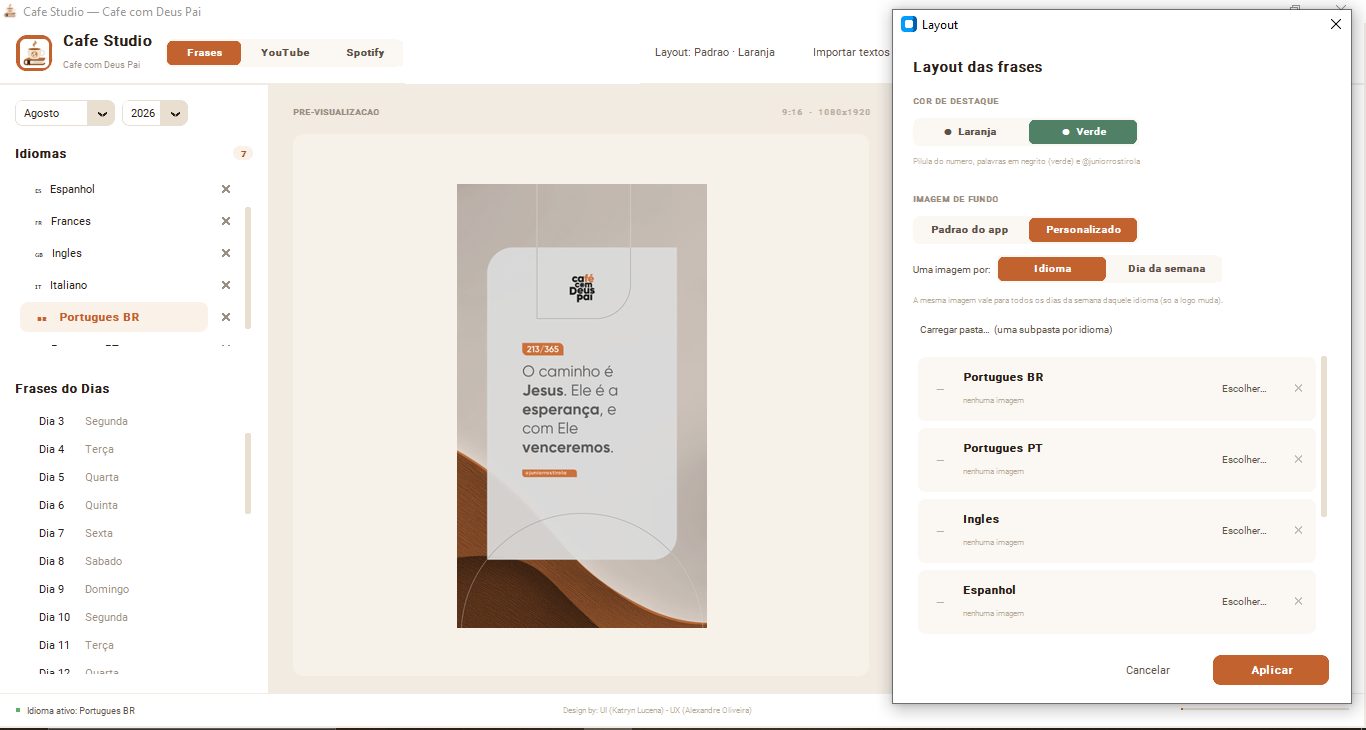 Cafe Studio: painel de layout com cor de destaque e imagem de fundo por idioma