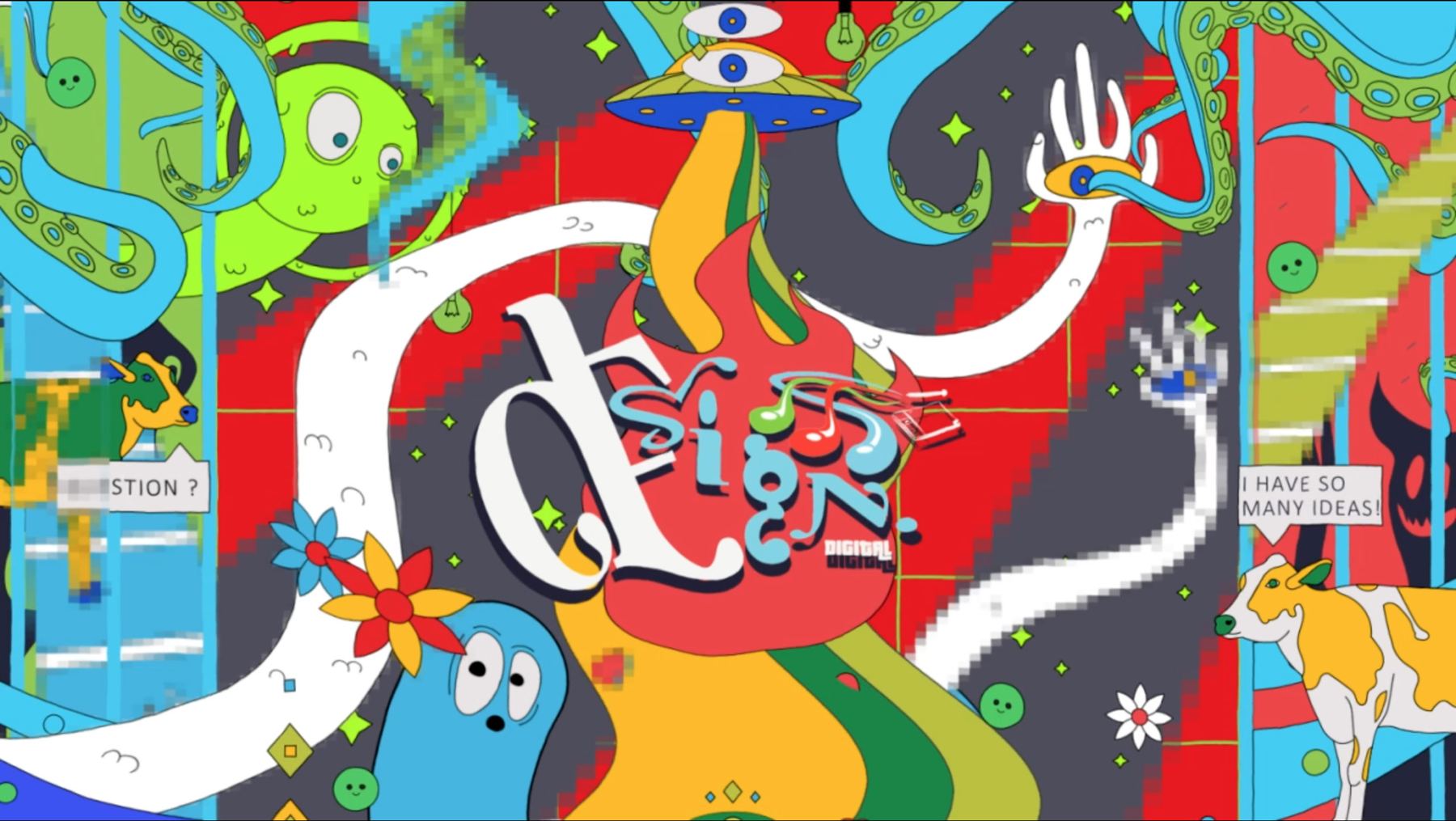 Mural ilustrado colorido com a marca dEsign ao centro